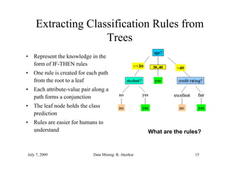 Extracting Classification Rules from
                   Trees
•   Represent the k
    R          h knowledge in the
                     l d i h
    form of IF-THEN rules
•   One rule is created for each path
    from the root to a leaf
•   Each attribute-value pair along a
    path forms a conjunction
•   The leaf node holds the class
    prediction
•   Rules
    R l are easier for humans to
               i f h
    understand                                          What are the rules?


July 7, 2009                  Data Mining: R. Akerkar                   15
 