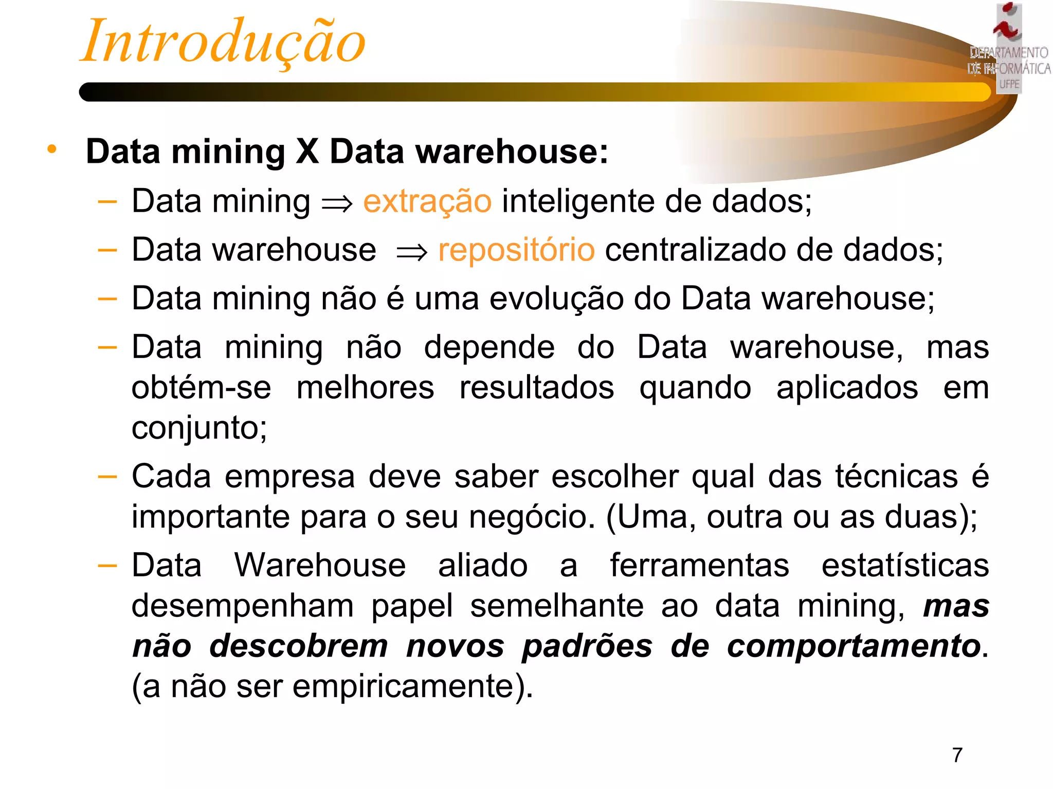 Introdução Data mining X Data warehouse: Data mining     extração  inteligente de dados; Data warehouse     repositório  centralizado de dados; Data mining não é uma evolução do Data warehouse; Data mining não depende do Data warehouse, mas obtém-se melhores resultados quando aplicados em conjunto; Cada empresa deve saber escolher qual das técnicas é importante para o seu negócio. (Uma, outra ou as duas); Data Warehouse aliado a ferramentas estatísticas desempenham papel semelhante ao data mining,  mas não descobrem novos padrões de comportamento . (a não ser empiricamente). 