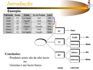 Introdução Exemplo : Conclusões : Produtos azuis são de alto lucro   ou Arizona é um lucro baixo 
