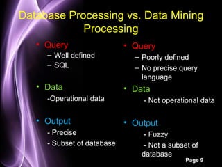 Database Processing vs. Data Mining
            Processing
   • Query                  • Query
     – Well defined           – Poorly defined
     – SQL                    – No precise query
                                language
   • Data                   • Data
     -Operational data        – - Not operational data

   • Output                 • Output
     - Precise                – - Fuzzy
     - Subset of database     – - Not a subset of
                                database
                                             Page 9
 