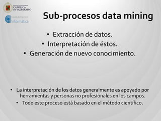 Sub-procesos data mining
            • Extracción de datos.
          • Interpretación de éstos.
     • Generación de nuev...