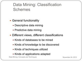 Data Mining: Classification
         Schemes

     General functionality
         Descriptive data mining

         Predictive data mining

     Different views, different classifications
         Kinds of databases to be mined

         Kinds of knowledge to be discovered

         Kinds of techniques utilized

         Kinds of applications adapted
2   Data Mining: Concepts and Techniques        November 24, 2012
5
 