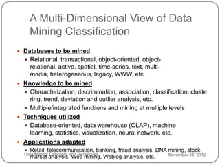 A Multi-Dimensional View of Data
        Mining Classification
     Databases to be mined
       Relational, transactional, object-oriented, object-
        relational, active, spatial, time-series, text, multi-
        media, heterogeneous, legacy, WWW, etc.
     Knowledge to be mined
       Characterization, discrimination, association, classification, cluste
        ring, trend, deviation and outlier analysis, etc.
       Multiple/integrated functions and mining at multiple levels
     Techniques utilized
       Database-oriented, data warehouse (OLAP), machine
        learning, statistics, visualization, neural network, etc.
     Applications adapted
2      Retail, telecommunication, banking, fraud analysis, DNA mining, stock
      Data Mining: Concepts and Techniques                      November 24, 2012
6        market analysis, Web mining, Weblog analysis, etc.
 
