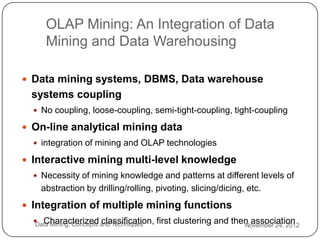 OLAP Mining: An Integration of Data
         Mining and Data Warehousing

     Data mining systems, DBMS, Data warehouse
     systems coupling
       No coupling, loose-coupling, semi-tight-coupling, tight-coupling

     On-line analytical mining data
       integration of mining and OLAP technologies

     Interactive mining multi-level knowledge
       Necessity of mining knowledge and patterns at different levels of
        abstraction by drilling/rolling, pivoting, slicing/dicing, etc.
     Integration of multiple mining functions
2      Characterized and Techniques
       Data Mining: Concepts classification, first clustering and then association
                                                                     November 24, 2012
7
 