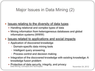 Major Issues in Data Mining (2)


     Issues relating to the diversity of data types
        Handling relational and complex types of data
        Mining information from heterogeneous databases and global
         information systems (WWW)
   Issues related to applications and social impacts
      Application of discovered knowledge
         Domain-specific data mining tools
         Intelligent query answering
         Process control and decision making
      Integration of the discovered knowledge with existing knowledge: A
       knowledge fusion problem
3
      Protection of data security, integrity, and privacy
        Data Mining: Concepts and Techniques               November 24, 2012
0
 