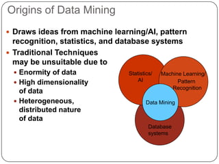 Origins of Data Mining
 Draws ideas from machine learning/AI, pattern
  recognition, statistics, and database systems
 Traditional Techniques
  may be unsuitable due to
   Enormity of data            Statistics/   Machine Learning/
                                    AI              Pattern
   High dimensionality
                                                  Recognition
    of data
   Heterogeneous,                      Data Mining
    distributed nature
    of data
                                         Database
                                         systems
 