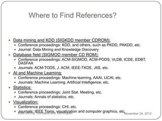 Where to Find References?


     Data mining and KDD (SIGKDD member CDROM):
        Conference proceedings: KDD, and oth...