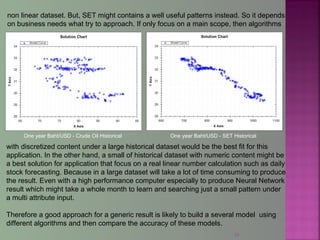 35
non linear dataset. But, SET might contains a well useful patterns instead. So it depends
on business needs what try to approach. If only focus on a main scope, then algorithms
One year Baht/USD - Crude Oil Historical
with discretized content under a large historical dataset would be the best fit for this
application. In the other hand, a small of historical dataset with numeric content might be
a best solution for application that focus on a real linear number calculation such as daily
stock forecasting. Because in a large dataset will take a lot of time consuming to produce
the result. Even with a high performance computer especially to produce Neural Network
result which might take a whole month to learn and searching just a small pattern under
a multi attribute input.
Therefore a good approach for a generic result is likely to build a several model using
different algorithms and then compare the accuracy of these models.
One year Baht/USD - SET Historical
 