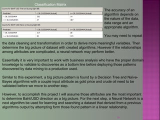36
The accuracy of an
algorithm depends on
the nature of the data,
data range and an
appropriate algorithm.
You may need to repeat
Classification Matrix
the data cleaning and transformation in order to derive more meaningful variables. Then
determine the big picture of dataset with created algorithms. However if the relationships
among attributes are complicated, a neural network may perform better.
Essentially it is very important to work with business analysis who have the proper domain
knowledge to validate to discoveries as a bottom line before deploying those patterns
discovered by data mining to a production used.
Similar to this experiment, a big picture pattern is found by a Decision Tree and Naïve-
Bayes algorithms with a couple input attribute as gold price and crude oil need to be
validated before we move to another step.
However, to accomplish this project I will assume those attributes are the most important
to determine Baht/USD direction as a big picture. For the next step, a Neural Network is a
next algorithm be used for learning and searching a dataset that derived from a previous
algorithms output by attempting form those found pattern in a linear relationship.
 