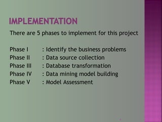 There are 5 phases to implement for this project
Phase I : Identify the business problems
Phase II : Data source collection
Phase III : Database transformation
Phase IV : Data mining model building
Phase V : Model Assessment
6
 
