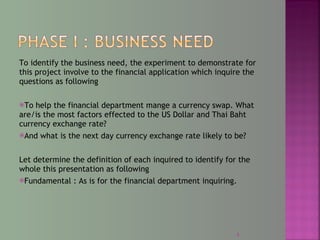 To identify the business need, the experiment to demonstrate for
this project involve to the financial application which inquire the
questions as following
To help the financial department mange a currency swap. What
are/is the most factors effected to the US Dollar and Thai Baht
currency exchange rate?
And what is the next day currency exchange rate likely to be?
Let determine the definition of each inquired to identify for the
whole this presentation as following
Fundamental : As is for the financial department inquiring.
8
 