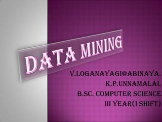 V.Loganayagi@Abinaya.
          K.P.Unnamalai.
  B.sc. computer science
          Iii year(I Shift)
 