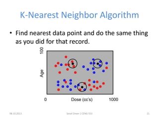 K-Nearest Neighbor Algorithm
• Find nearest data point and do the same thing
as you did for that record.
08.10.2013 Seval Ünver | CENG 553 21
 