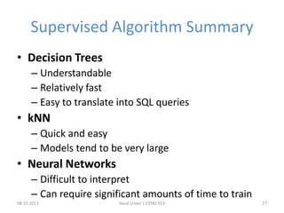 Supervised Algorithm Summary
• Decision Trees
– Understandable
– Relatively fast
– Easy to translate into SQL queries
• kNN
– Quick and easy
– Models tend to be very large
• Neural Networks
– Difficult to interpret
– Can require significant amounts of time to train
08.10.2013 Seval Ünver | CENG 553 27
 