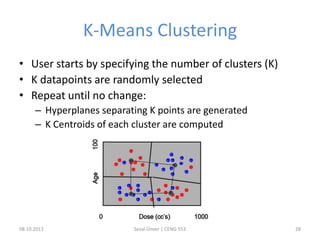 K-Means Clustering
• User starts by specifying the number of clusters (K)
• K datapoints are randomly selected
• Repeat until no change:
– Hyperplanes separating K points are generated
– K Centroids of each cluster are computed
08.10.2013 Seval Ünver | CENG 553 28
 