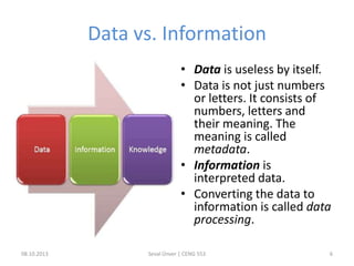Data vs. Information
• Data is useless by itself.
• Data is not just numbers
or letters. It consists of
numbers, letters and
their meaning. The
meaning is called
metadata.
• Information is
interpreted data.
• Converting the data to
information is called data
processing.
08.10.2013 Seval Ünver | CENG 553 6
 