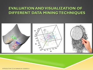 EVALUATION AND VISUALIZATION OF
DIFFERENT DATA MINING TECHNIQUES

INTRODUCTION TO DATAMINING BY SUMAIRA S.

 
