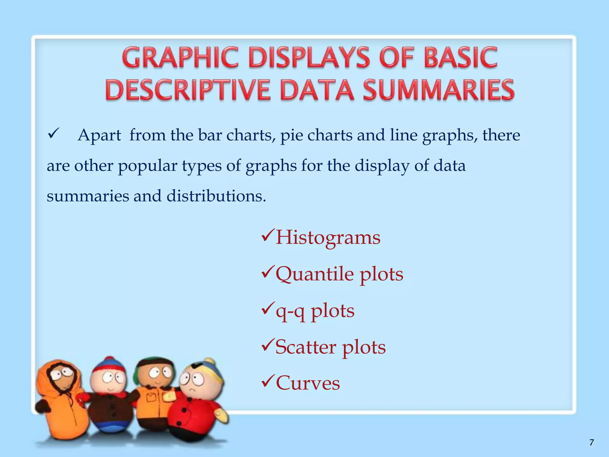 The basic properties of the standard deviation ,
  measures spread about the mean and should be used only
when the mean is chosen as the measure of center
  = 0 only when there is no spread, that is, when all
observations have the same value. Otherwise  > 0

7

 