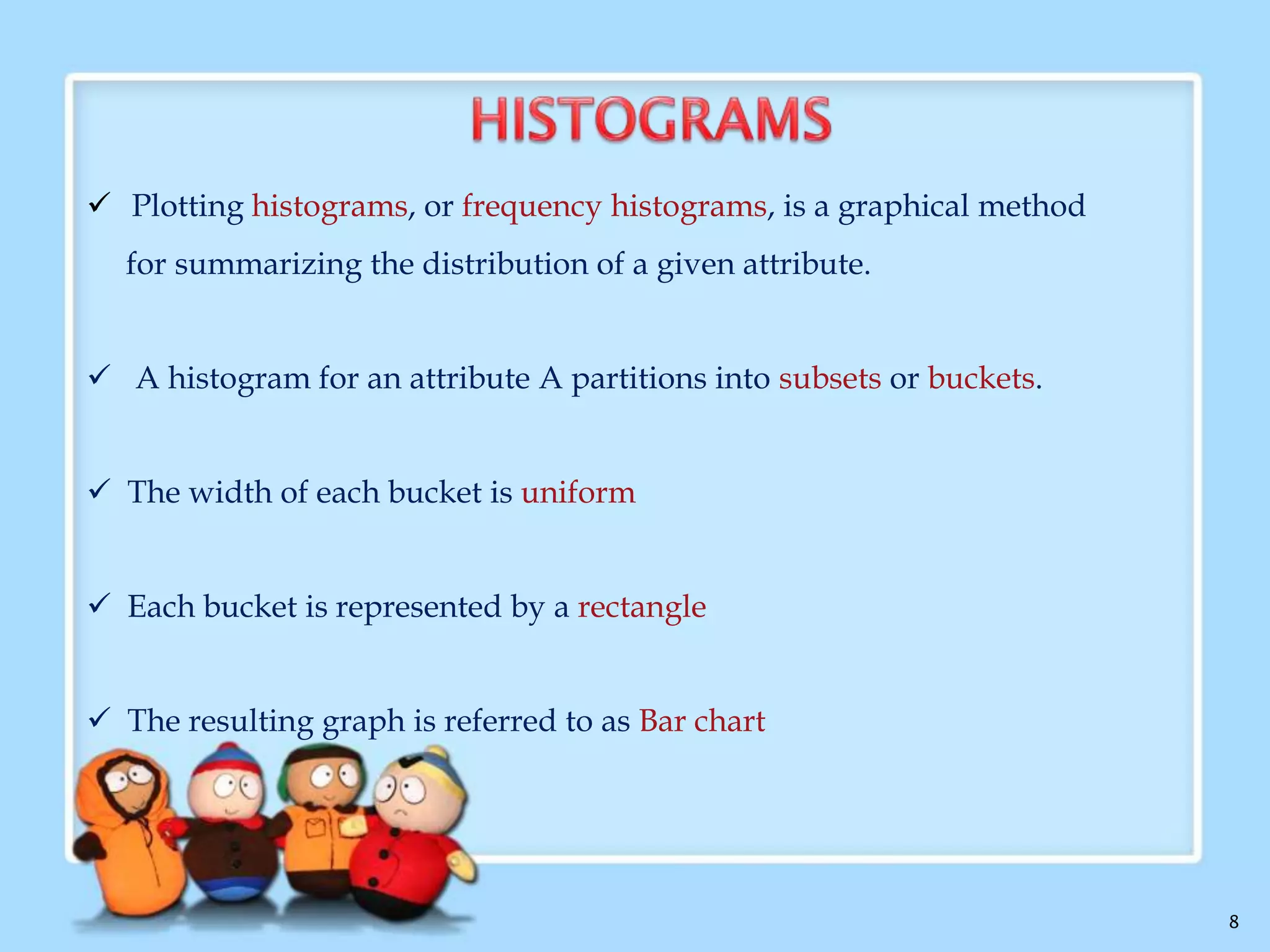 

Apart from the bar charts, pie charts and line graphs, there

are other popular types of graphs for the display of data
summaries and distributions.

Histograms

Quantile plots
q-q plots
Scatter plots
Curves
8

 