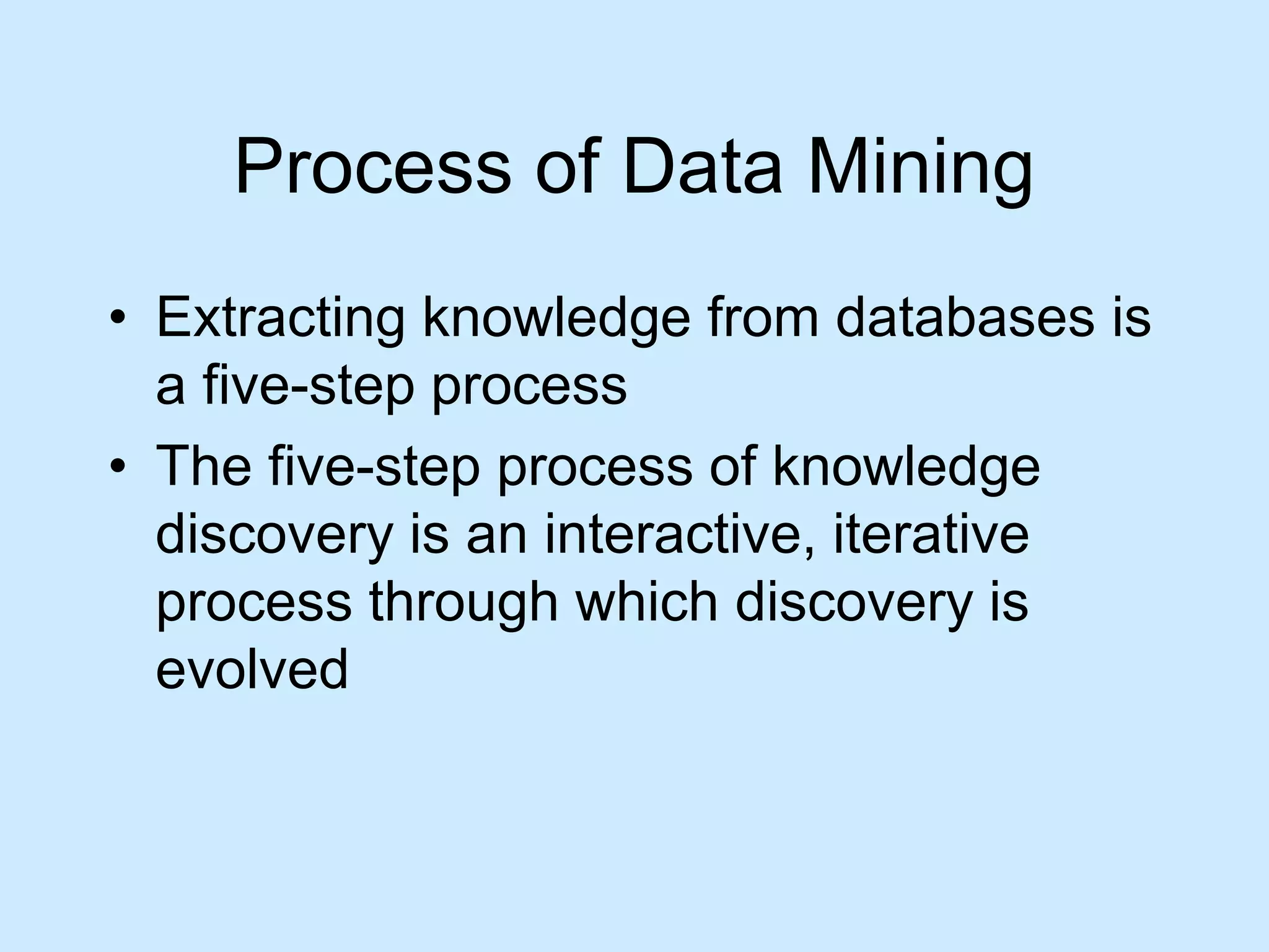 Process of Data Mining 
• Extracting knowledge from databases is 
a five-step process 
• The five-step process of knowledge 
discovery is an interactive, iterative 
process through which discovery is 
evolved 
 