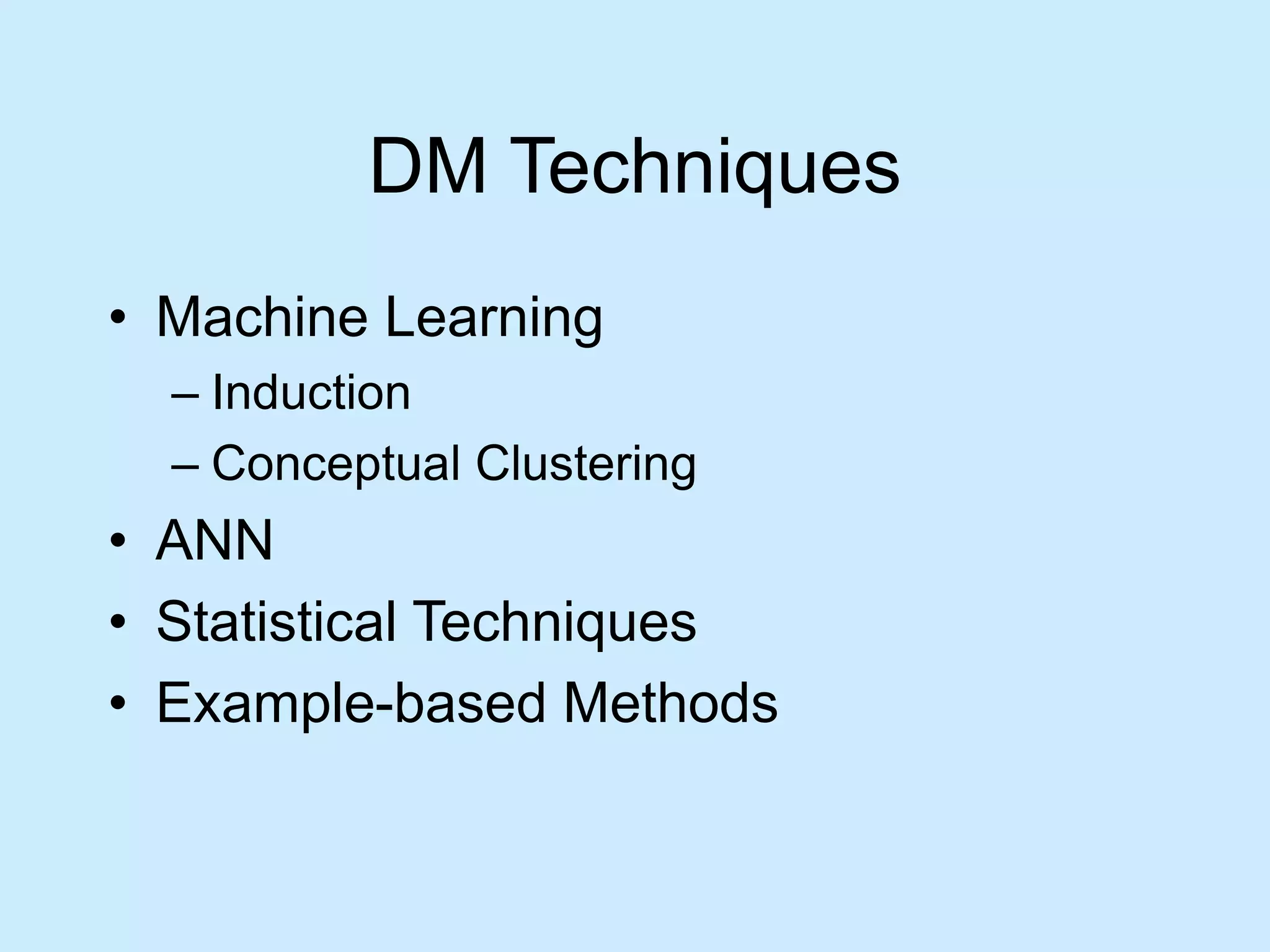 DM Techniques 
• Machine Learning 
– Induction 
– Conceptual Clustering 
• ANN 
• Statistical Techniques 
• Example-based Methods 
 