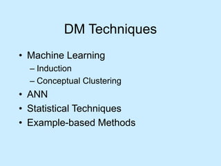 DM Techniques 
• Machine Learning 
– Induction 
– Conceptual Clustering 
• ANN 
• Statistical Techniques 
• Example-based Methods 
 