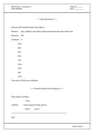MSc IT Part – I, Semester-1 Page No:- ________ 
DATA MINING Date:- ____________ 
Sonali. Parab. 
=== Run information === 
Scheme:weka.classifiers.bayes.NaiveBayes 
Relation: pima_diabetes-weka.filters.supervised.attribute.Discretize-Rfirst-last 
Instances: 768 
Attributes: 9 
preg 
plas 
pres 
skin 
insu 
mass 
pedi 
age 
class 
Test mode:10-fold cross-validation 
=== Classifier model (full training set) === 
Naive Bayes Classifier 
Class 
Attribute tested_negative tested_positive 
(0.65) (0.35) 
==================================================== 
preg 
 