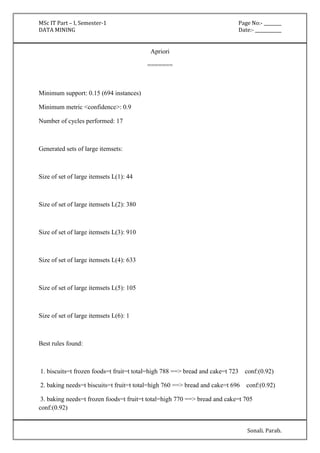 MSc IT Part – I, Semester-1 Page No:- ________ 
DATA MINING Date:- ____________ 
Sonali. Parab. 
Apriori 
======= 
Minimum support: 0.15 (694 instances) 
Minimum metric <confidence>: 0.9 
Number of cycles performed: 17 
Generated sets of large itemsets: 
Size of set of large itemsets L(1): 44 
Size of set of large itemsets L(2): 380 
Size of set of large itemsets L(3): 910 
Size of set of large itemsets L(4): 633 
Size of set of large itemsets L(5): 105 
Size of set of large itemsets L(6): 1 
Best rules found: 
1. biscuits=t frozen foods=t fruit=t total=high 788 ==> bread and cake=t 723 conf:(0.92) 
2. baking needs=t biscuits=t fruit=t total=high 760 ==> bread and cake=t 696 conf:(0.92) 
3. baking needs=t frozen foods=t fruit=t total=high 770 ==> bread and cake=t 705 
conf:(0.92) 
 