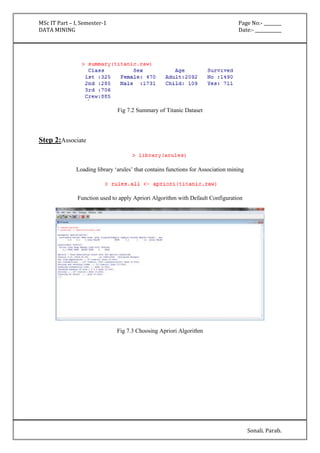 MSc IT Part – I, Semester-1 Page No:- ________ 
DATA MINING Date:- ____________ 
Sonali. Parab. 
Fig 7.2 Summary of Titanic Dataset 
Step 2:Associate 
Loading library ‘arules’ that contains functions for Association mining 
Function used to apply Apriori Algorithm with Default Configuration 
Fig 7.3 Choosing Apriori Algorithm 
 