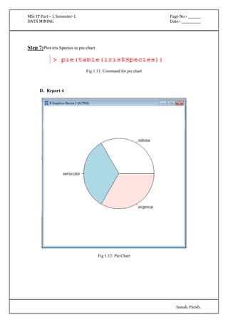 MSc IT Part – I, Semester-1 Page No:- ________ 
DATA MINING Date:- ____________ 
Sonali. Parab. 
Step 7:Plot iris Species in pie chart 
Fig 1.11: Command for pie chart 
D. Report 4 
Fig 1.12: Pie Chart 
 