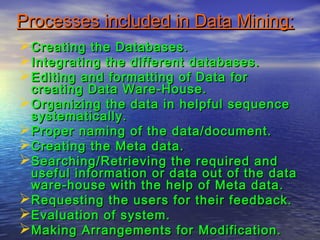 Processes included in Data Mining:Processes included in Data Mining:
Creating the Databases.Creating the Databases.
Integrating the different databases.Integrating the different databases.
Editing and formatting of Data forEditing and formatting of Data for
creating Data Ware-House.creating Data Ware-House.
Organizing the data in helpful sequenceOrganizing the data in helpful sequence
systematically.systematically.
Proper naming of the data/document.Proper naming of the data/document.
Creating the Meta data.Creating the Meta data.
Searching/Retrieving the required andSearching/Retrieving the required and
useful information or data out of the datauseful information or data out of the data
ware-house with the help of Meta data.ware-house with the help of Meta data.
Requesting the users for their feedback.Requesting the users for their feedback.
Evaluation of system.Evaluation of system.
Making Arrangements for Modification.Making Arrangements for Modification.
 
