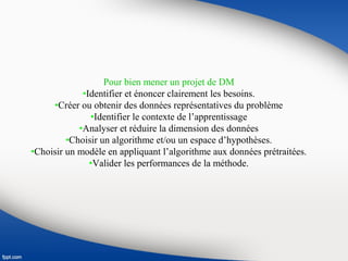 Pour bien mener un projet de DM
•Identifier et énoncer clairement les besoins.
•Créer ou obtenir des données représentatives du problème
•Identifier le contexte de l’apprentissage
•Analyser et réduire la dimension des données
•Choisir un algorithme et/ou un espace d’hypothèses.
•Choisir un modèle en appliquant l’algorithme aux données prétraitées.
•Valider les performances de la méthode.
 