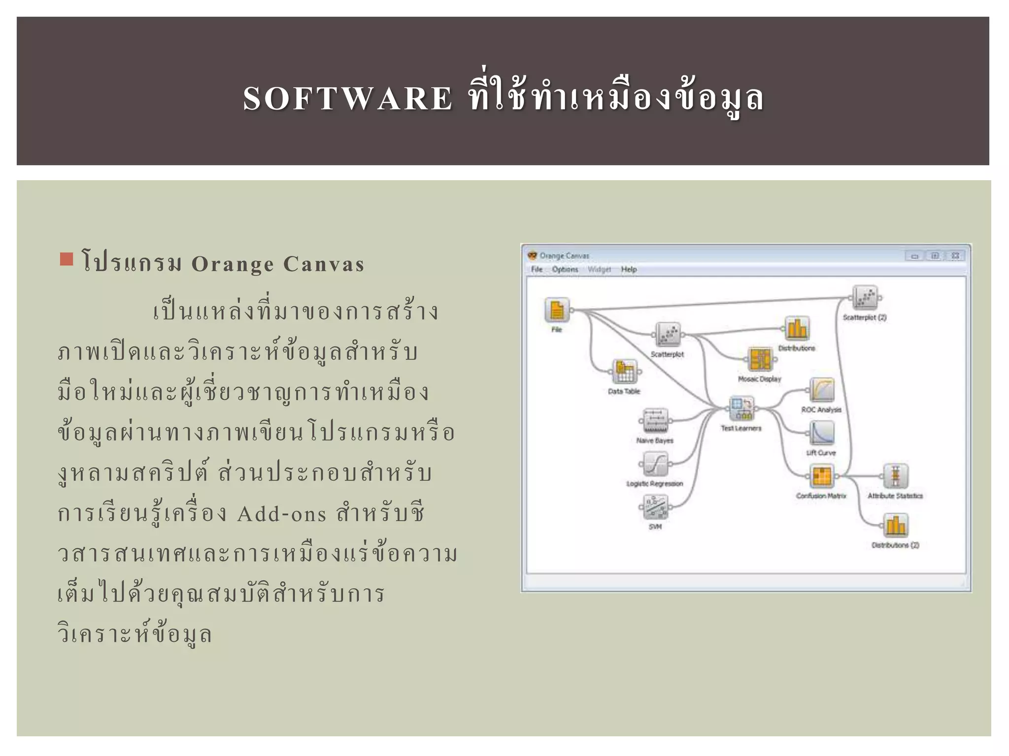  โปรแกรม Orange Canvas
เป็ นแหล่งที่มาของการสร้าง
ภาพเปิ ดและวิเคราะห์ข้อมูลสาหรับ
มือใหม่และผู้เชี่ยวชาญการทาเหมือง
ข้อมูลผ่านทางภาพเขียนโปรแกรมหรือ
งูหลามสคริปต์ ส่วนประกอบสาหรับ
การเรียนรู้เครื่อง Add-ons สาหรับชี
วสารสนเทศและการเหมืองแร่ข้อความ
เต็มไปด้วยคุณสมบัติสาหรับการ
วิเคราะห์ข้อมูล
SOFTWARE ที่ใช้ทำเหมืองข้อมูล
 