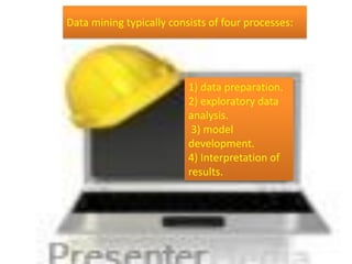 Data mining typically consists of four processes:
1) data preparation.
2) exploratory data
analysis.
3) model
development.
4) Interpretation of
results.
 