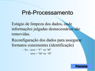 13
Pré-ProcessamentoPré-Processamento
Estágio de limpeza dos dados, onde
informações julgadas desnecessárias são
removidas.
Reconfiguração dos dados para assegurar
formatos consistentes (identificação)
– Ex. : sexo = “F” ou “M”
sexo = “M” ou “H”
Processo
 