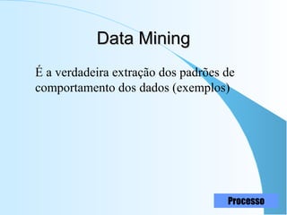 17
Data MiningData Mining
É a verdadeira extração dos padrões de
comportamento dos dados (exemplos)
Processo
 