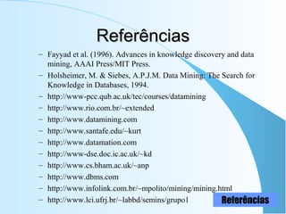 ReferênciasReferências
– Fayyad et al. (1996). Advances in knowledge discovery and data
mining, AAAI Press/MIT Press.
– Holsheimer, M. & Siebes, A.P.J.M. Data Mining: The Search for
Knowledge in Databases, 1994.
– http://www-pcc.qub.ac.uk/tec/courses/datamining
– http://www.rio.com.br/~extended
– http://www.datamining.com
– http://www.santafe.edu/~kurt
– http://www.datamation.com
– http://www-dse.doc.ic.ac.uk/~kd
– http://www.cs.bham.ac.uk/~anp
– http://www.dbms.com
– http://www.infolink.com.br/~mpolito/mining/mining.html
– http://www.lci.ufrj.br/~labbd/semins/grupo1 Referências
 