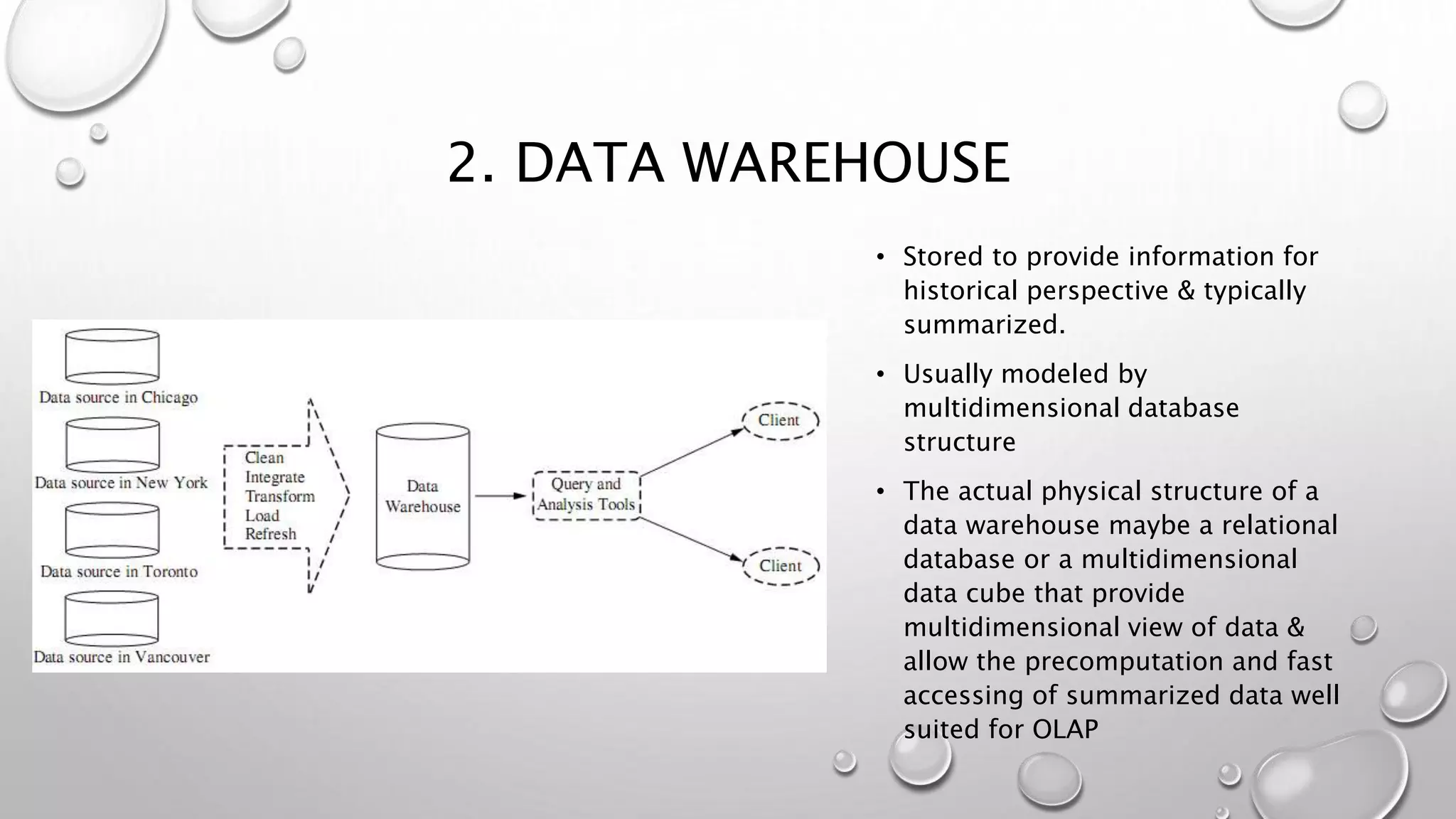 2. DATA WAREHOUSE
• Stored to provide information for
historical perspective & typically
summarized.
• Usually modeled by
multidimensional database
structure
• The actual physical structure of a
data warehouse maybe a relational
database or a multidimensional
data cube that provide
multidimensional view of data &
allow the precomputation and fast
accessing of summarized data well
suited for OLAP
 