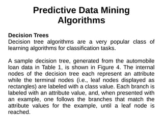 Predictive Data Mining
Algorithms
Decision Trees
Decision tree algorithms are a very popular class of
learning algorithms for classification tasks.
A sample decision tree, generated from the automobile
loan data in Table 1, is shown in Figure 4. The internal
nodes of the decision tree each represent an attribute
while the terminal nodes (i.e., leaf nodes displayed as
rectangles) are labeled with a class value. Each branch is
labeled with an attribute value, and, when presented with
an example, one follows the branches that match the
attribute values for the example, until a leaf node is
reached.
 