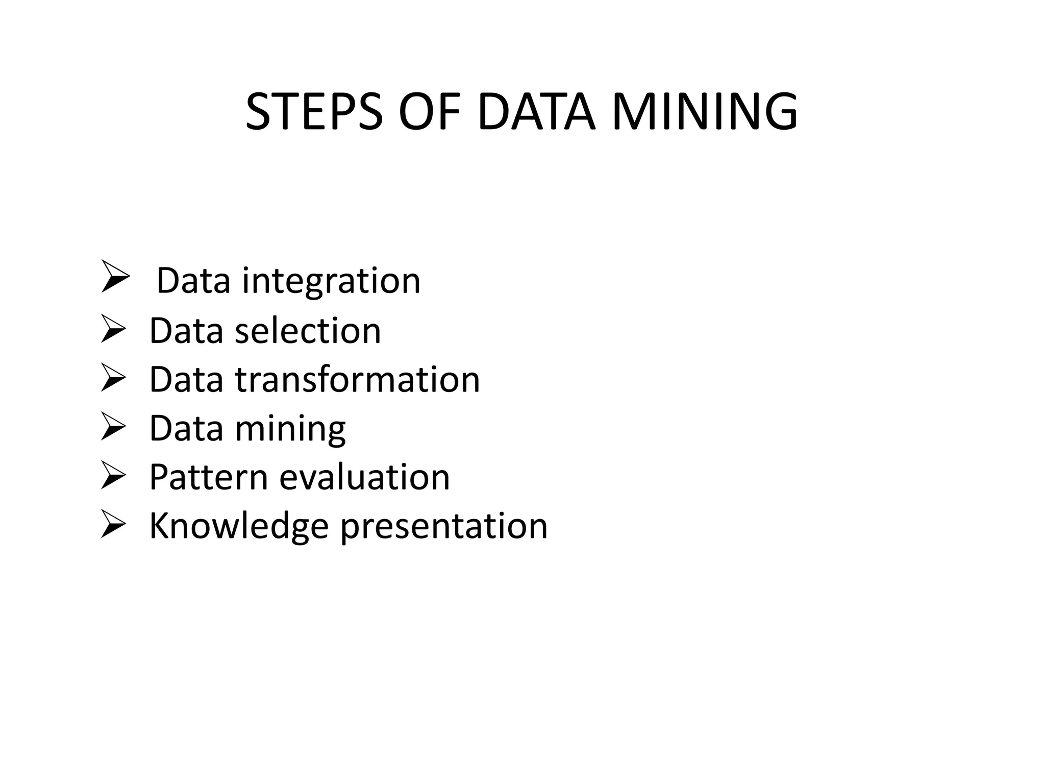 STEPS OF DATA MINING
 Data integration
 Data selection
 Data transformation
 Data mining
 Pattern evaluation
 Knowledge presentation
 