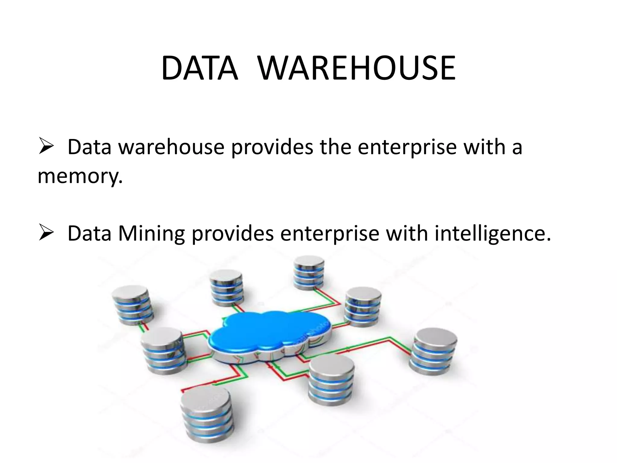 DATA WAREHOUSE
 Data warehouse provides the enterprise with a
memory.
 Data Mining provides enterprise with intelligence.
 