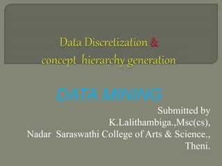 DATA MINING
Submitted by
K.Lalithambiga.,Msc(cs),
Nadar Saraswathi College of Arts & Science.,
Theni.
 