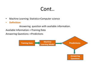 Cont..
• Machine Learning: Statistics+Computer science
• Definition:
Answering question with available information.
Available Information:->Training Data
Answering Questions:->Predictions
Machine
Learning Model
Training Data Predictions
Answering
Questions