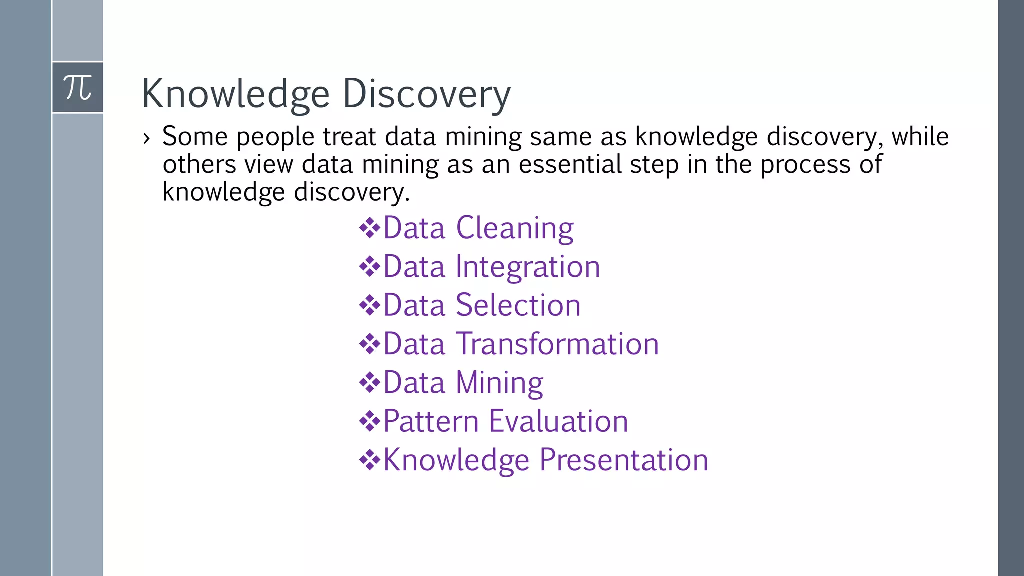 Knowledge Discovery
› Some people treat data mining same as knowledge discovery, while
others view data mining as an essential step in the process of
knowledge discovery.
Data Cleaning
Data Integration
Data Selection
Data Transformation
Data Mining
Pattern Evaluation
Knowledge Presentation
 