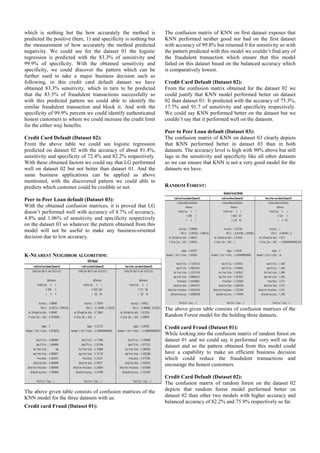 which is nothing but the how accurately the method is
predicted the positive (here, 1) and specificity is nothing but
the measurement of how accurately the method predicted
negativity. We could see for the dataset 01 the logistic
regression is predicted with the 83.3% of sensitivity and
99.9% of specificity. With the obtained sensitivity and
specificity, we could discover the pattern which can be
further used to take a major business decision such as
following, in this credit card default dataset we have
obtained 83.3% sensitivity, which in turn to be predicted
that the 83.3% of fraudulent transactions successfully so
with this predicted pattern we could able to identify the
similar fraudulent transaction and block it. And with the
specificity of 99.9% percent we could identify authenticated
honest customers to whom we could increase the credit limit
for the either way benefits.
Credit Card Default (Dataset 02):
From the above table we could see logistic regression
predicted on dataset 02 with the accuracy of about 81.4%,
sensitivity and specificity of 72.4% and 82.2% respectively.
With these obtained factors we could say that LG performed
well on dataset 02 but not better than dataset 01. And the
same business applications can be applied as above
mentioned, with the discovered pattern we could able to
predicts which customer could be credible or not.
Peer to Peer Loan default (Dataset 03):
With the obtained confusion matrices, it is proved that LG
doesn’t performed well with accuracy of 4.7% of accuracy,
4.8% and 1.06% of sensitivity and specificity respectively
on the dataset 03 so whatever the pattern obtained from this
model will not be useful to make any business-oriented
decision due to low accuracy.
K-NEAREST NEIGHBOR ALGORITHM:
The above given table consists of confusion matrices of the
KNN model for the three datasets with us.
Credit card Fraud (Dataset 01):
The confusion matrix of KNN on first dataset exposes that
KNN performed neither good nor bad on the first dataset
with accuracy of 99.8% but returned 0 for sensitivity so with
the pattern predicted with this model we couldn’t find any of
the fraudulent transaction which ensure that this model
failed on this dataset based on the balanced accuracy which
is comparatively lowest.
Credit Card Default (Dataset 02):
From the confusion matrix obtained for the dataset 02 we
could justify that KNN model performed better on dataset
02 than dataset 01. It predicted with the accuracy of 75.3%,
17.7% and 91.7 of sensitivity and specificity respectively.
We could say KNN performed better on the dataset but we
couldn’t say that it performed well on the datasets.
Peer to Peer Loan default (Dataset 03):
The confusion matrix of KNN on dataset 03 clearly depicts
that KNN performed better in dataset 03 than in both
datasets. The accuracy level is high with 90% above but still
lags in the sensitivity and specificity like all other datasets
so we can ensure that KNN is not a very good model for the
datasets we have.
RANDOM FOREST:
The above given table consists of confusion matrices of the
Random Forest model for the holding three datasets.
Credit card Fraud (Dataset 01):
While looking into the confusion matrix of random forest on
dataset 01 and we could say it performed very well on the
dataset and so the pattern obtained from this model could
have a capability to make an efficient business decision
which could reduce the fraudulent transactions and
encourage the honest customers.
Credit Card Default (Dataset 02):
The confusion matrix of random forest on the dataset 02
depicts that random forest model performed better on
dataset 02 than other two models with higher accuracy and
balanced accuracy of 82.2% and 75.9% respectively so far.
 