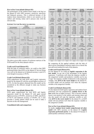 Peer to Peer Loan default (Dataset 03):
The performance of the random forest model is the best on
the dataset 03 with 100% accuracy, sensitivity, specificity
and balanced accuracy. This is achieved because of the
random forest characteristics which is not sensitive to the
outliers and missing values and it process only with the
relevant data.
SUPPORT VECTOR MACHINE ALGORITHM:
The above given table consists of confusion matrices of the
SVM model for the three datasets with us.
Credit card Fraud (Dataset 01):
With the help of confusion matrix, we could so that SMV
performed better than KNN on the dataset 01 but not fitting
very well on the dataset as its balanced accuracy is just 61%
even though its accuracy is 99.8%.
Credit Card Default (Dataset 02):
SVM outperforms the both KNN and Logistic regression
model for the dataset 02 with the second highest accuracy of
81.9%. So that the pattern obtained from this model can be
considered as the efficient enough to make any business
decisions.
Peer to Peer Loan default (Dataset 03):
SVM again outperformed the both KNN and logistic
regression model for the dataset 03 with again second
highest accuracy of 99.98%, sensitivity of 100%, specificity
of 99.7% and balanced accuracy of 99.88%. So, it also
provides a worthy pattern which can be used to make a
decision on the risk management.
Consolidated table and comparison:
By comparing all the applied methods with the help of
above given consolidated confusion matrix let us choose the
best and worst method for each of the datasets.
Credit card Fraud (Dataset 01):
For the dataset 01 we could say logistic regression is the
best model. As per one of the advantages of the logistic
regression, “it performs well when the response variable is
the categorical variable and predictive variable can be any
of type” the response variable of dataset 01 is the categorical
variable. And, KNN is the worst model for the dataset 01,
as KNN model will not perform well when the response
variable is the categorical variable.
Credit Card Default (Dataset 02):
For the dataset 02 both logistic regression and random forest
performed well but comparatively random forest is the
best model due to higher accuracy. This is because random
forest is not sensitive to the outliers and missing values and
also this model will rank the important variable as well.
And, KNN is the worst model for the dataset 01, as KNN
model will not perform well when the response variable is
the categorical variable.
Peer to Peer Loan default (Dataset 03):
No doubt, random forest model outperformed all other
model with 100% accuracy on the dataset 03. Logistic
regression performed poorly on the dataset 03 because it
cannot predict continuous outcomes.
 