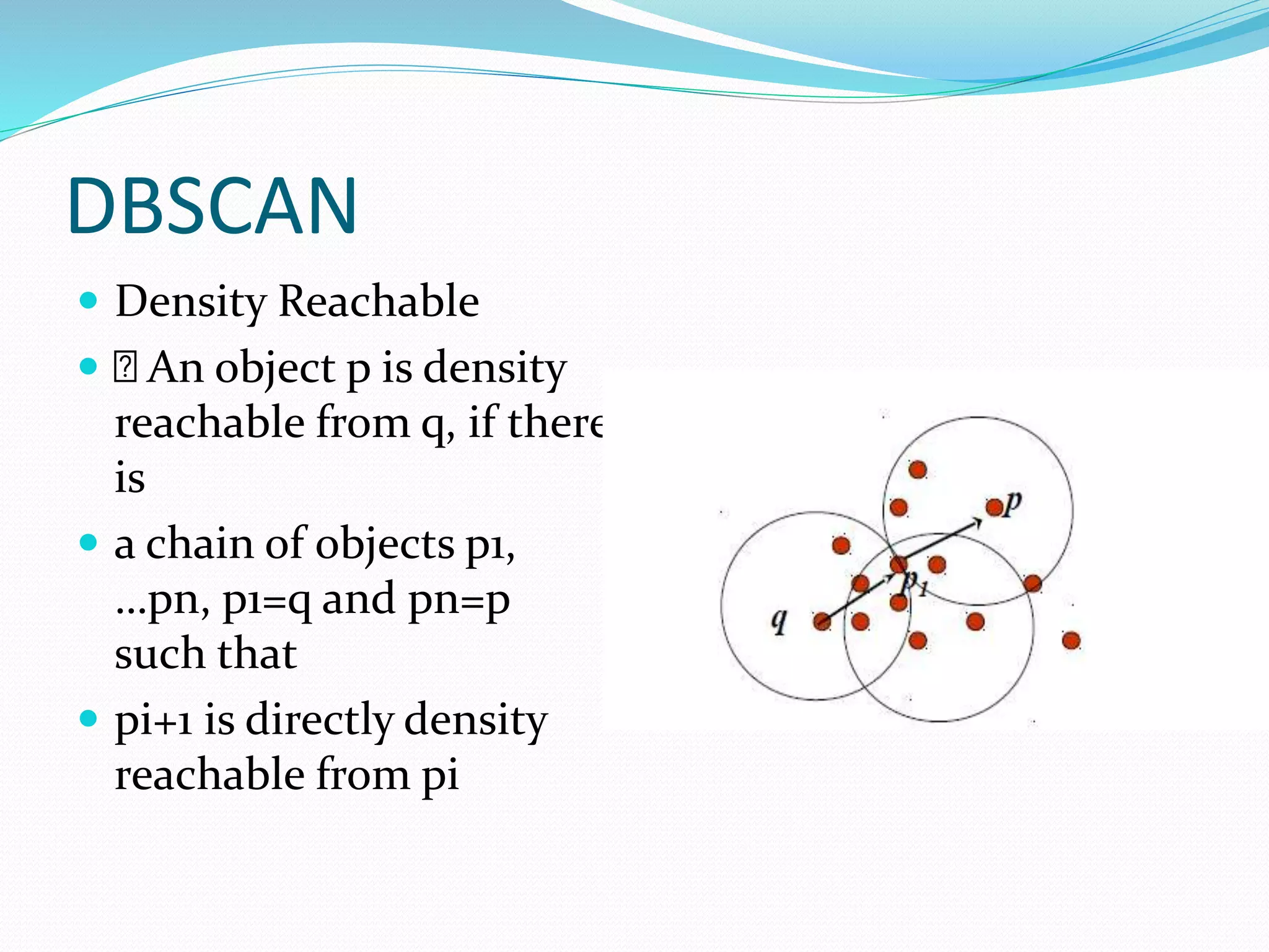 DBSCAN
 Density Reachable
 An object p is density
reachable from q, if there
is
 a chain of objects p1,
…pn, p1=q and pn=p
such that
 pi+1 is directly density
reachable from pi
 