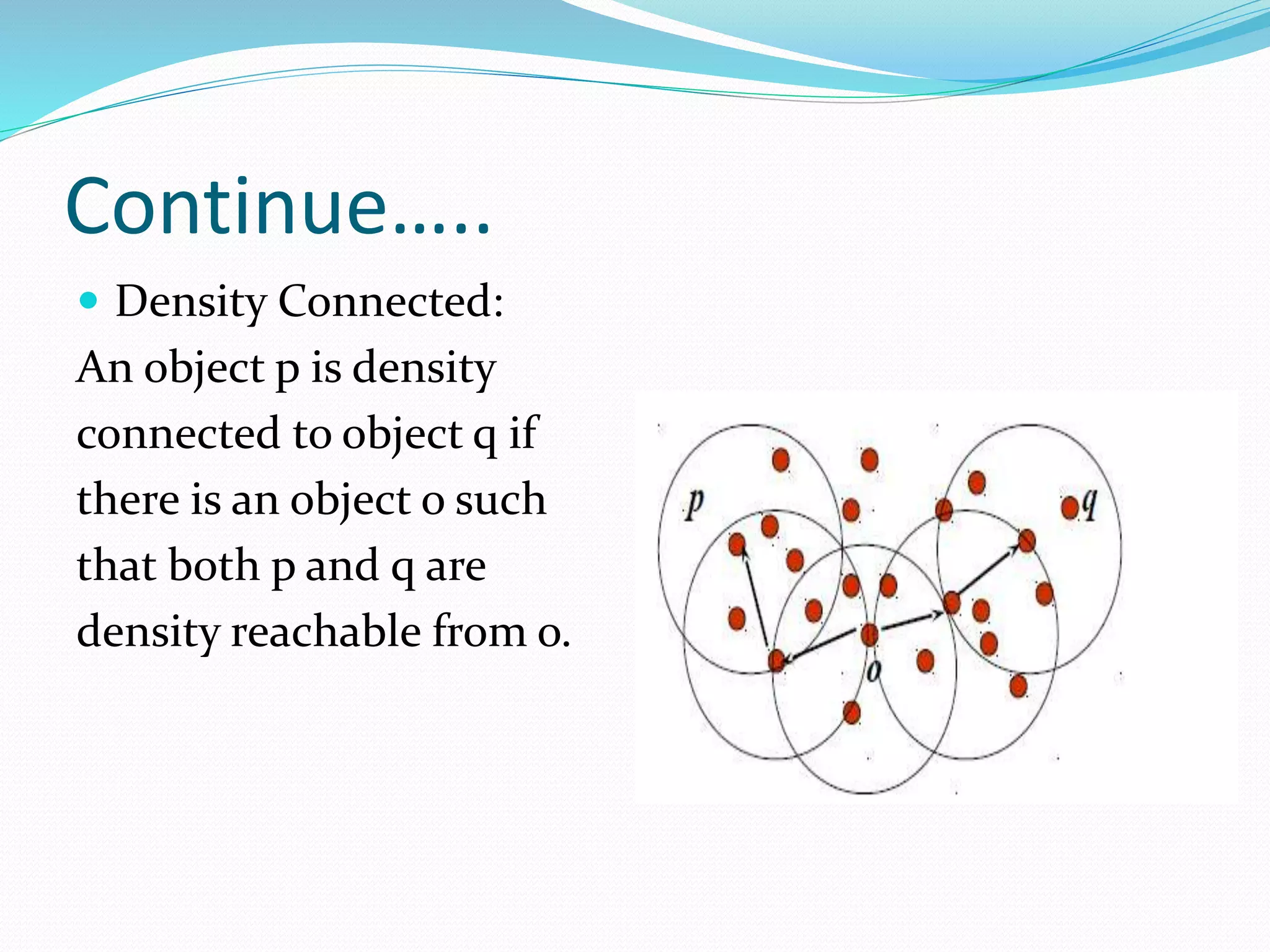 Continue…..
 Density Connected:
An object p is density
connected to object q if
there is an object o such
that both p and q are
density reachable from o.
 