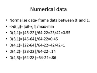 Numerical data
• Normalize data- frame data between 0 and 1.
• ->d(I,j)=|xif-xjf|/max-min
• D(2,1)=|45-22|/64-22=23/42=0.55
• D(3,1)=|45-64|/64-22=0.45
• D(4,1)=|22-64|/64-22=42/42=1
• D(4,2)=|28-22|/64-22=.14
• D(4,3)=|64-28|=64-22=.86
 