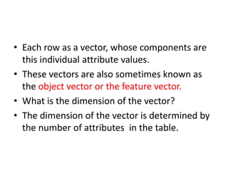 • Each row as a vector, whose components are
this individual attribute values.
• These vectors are also sometimes known as
the object vector or the feature vector.
• What is the dimension of the vector?
• The dimension of the vector is determined by
the number of attributes in the table.
 